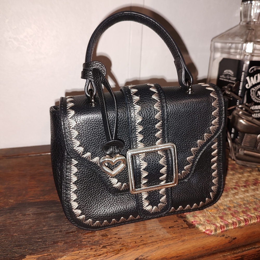 Brighton black leather bag with mink stitching NWOT.Flawless.
